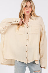 Frayed Hem Side Slit Button Down Shirt Sage + Fig